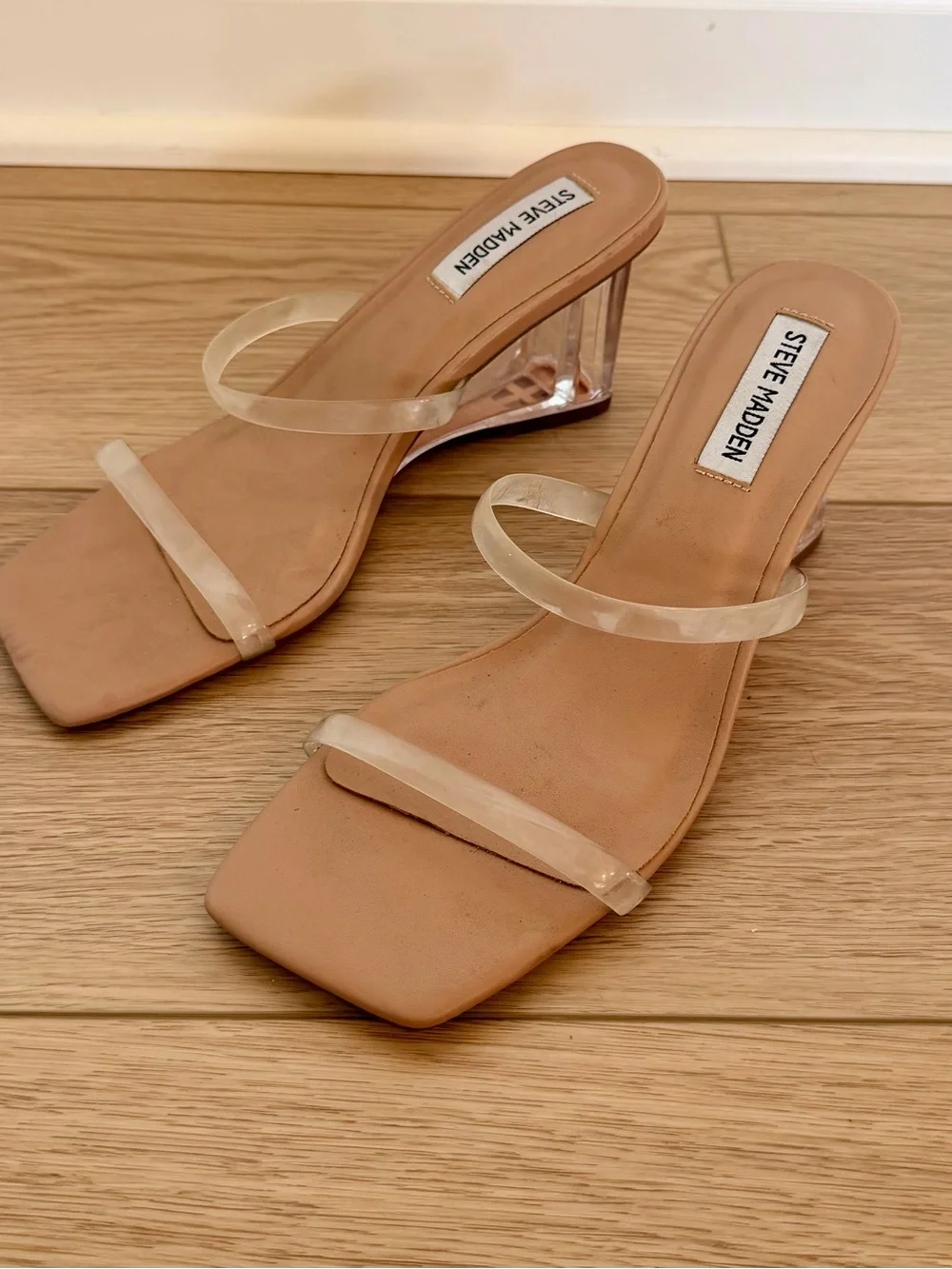Steve Madden Tan Footbed Clear-Strap Block Heel Mules